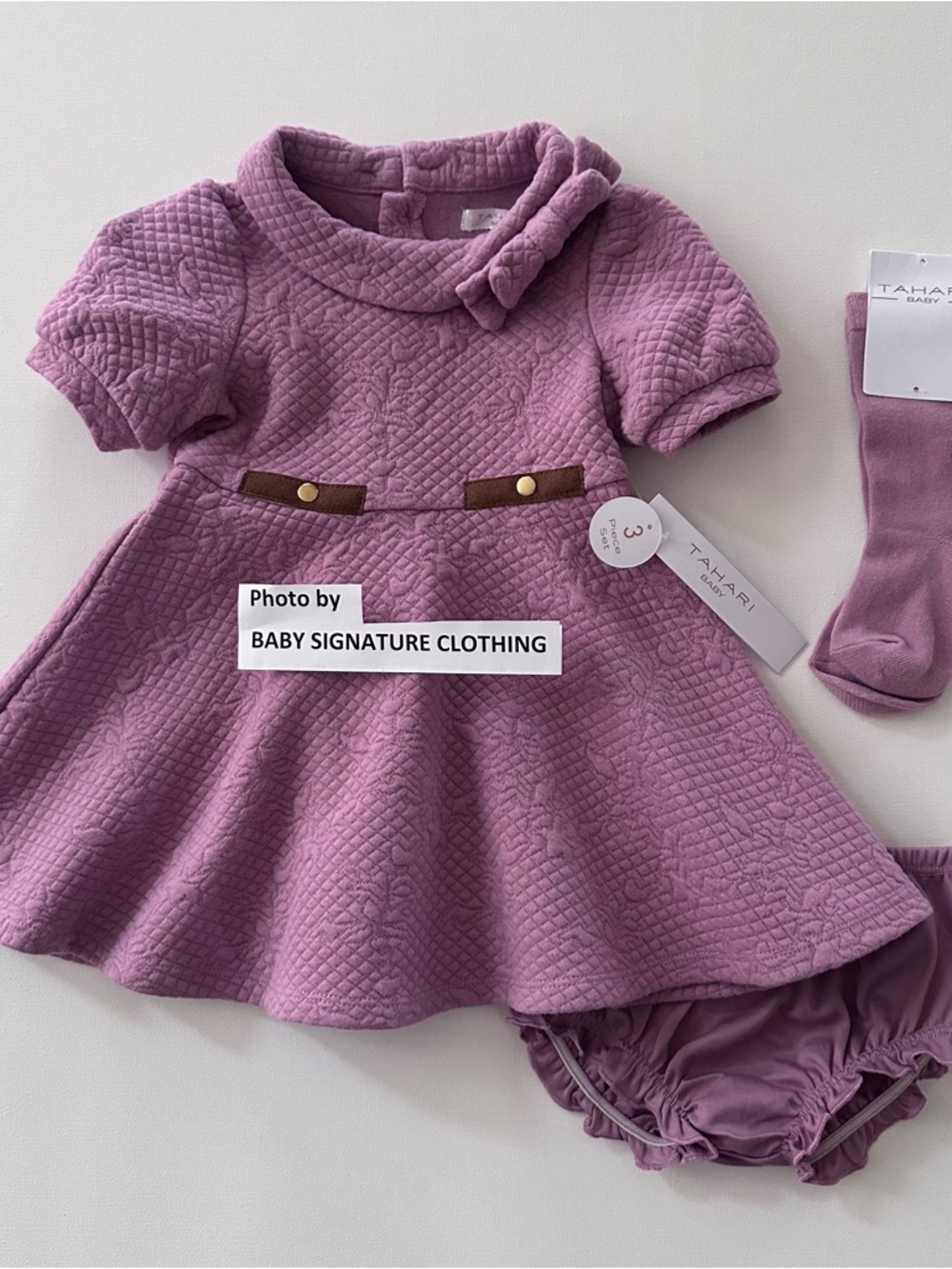Tahari 12 Months Baby Girl Mauve Quilted Dress Set Bow Collar Socks Outfit NWT